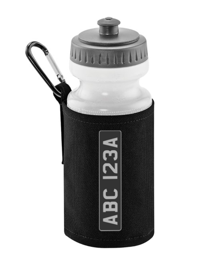 500ml Water bottle included. BPA free soft bottle. Soft pull-up drink nozzle with screw on cap. Ergonomic easy grip neck. Wide necked bottle opening for easy filling and cleaning. Belt loop and carabiner clip. Personalised with your Reg plate.