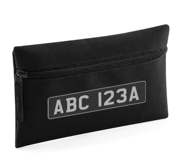 Polyester Pencil Caxse/Accessory pouch. Zippered main compartment. Internal identification label. Personalised with your Reg plate.