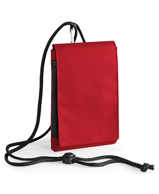 Detachable adjustable neck cord. Belt loop and carabiner clip. Smartphone compatible. Zippered pocket. Rip-Strip™ closure. CHOOSE YOUR LOGO