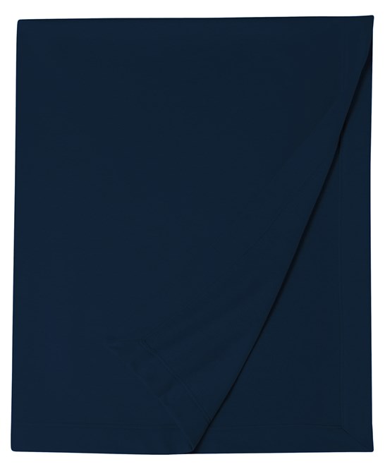 Air jet yarn; softer feel and reduced pilling. Dryblend® wicking performance technology delivers moisture-wicking properties. Heat transfer label. Mitred V corners. Hemmed sides all around. Twin needle stitching. 50” x 60”. CHOOSE YOUR LOGO